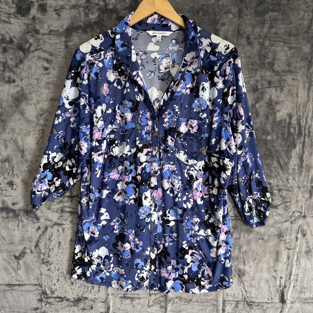 Emily Daniels Women's Collared Sequin Button Shirt Pockets Stretch Floral Purple